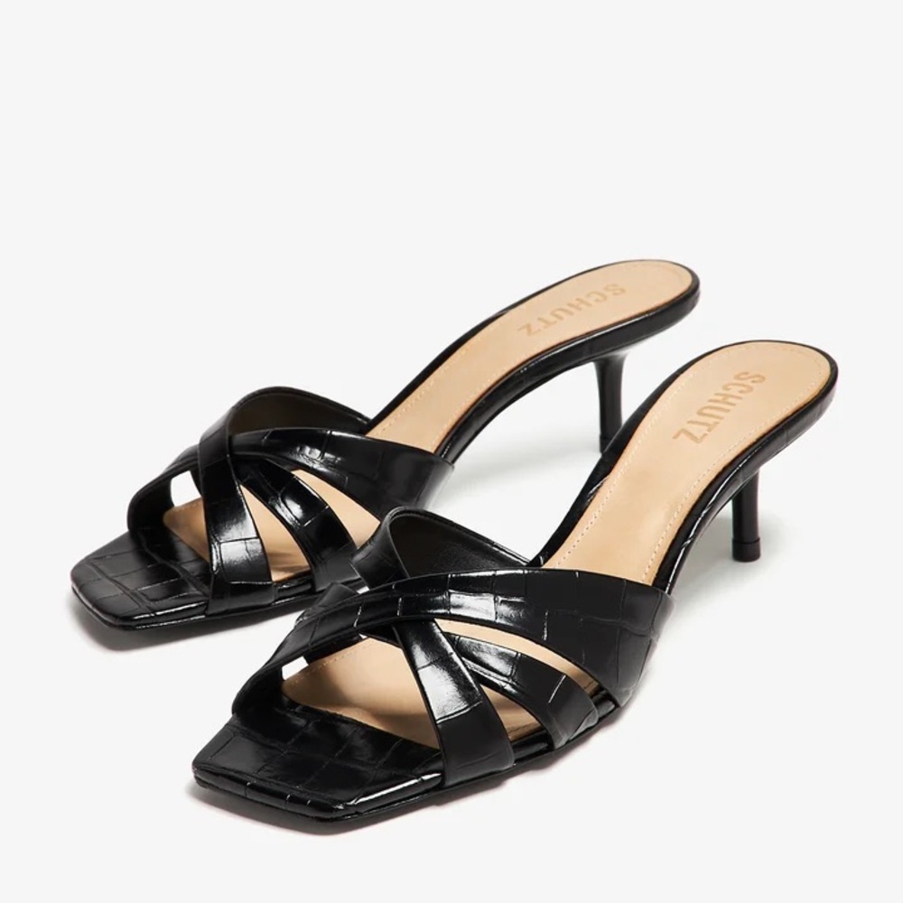 SCHUTZ Black Croc-Embossed Keefa Leather Mules New/ Box & Dustbag Size 8 60mm